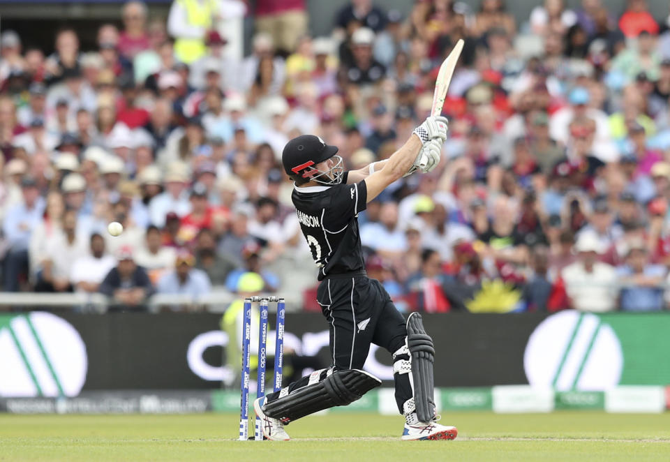 New Zealand's captain Kane Williamson bats during the Cricket World Cup match between New Zealand and West Indies at Old Trafford in Manchester, England, Saturday, June 22, 2019. (AP Photo/Jon Super)