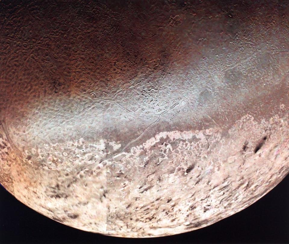 Neptune's largest satellite Triton taken from the Voyager 2 spacecraft.