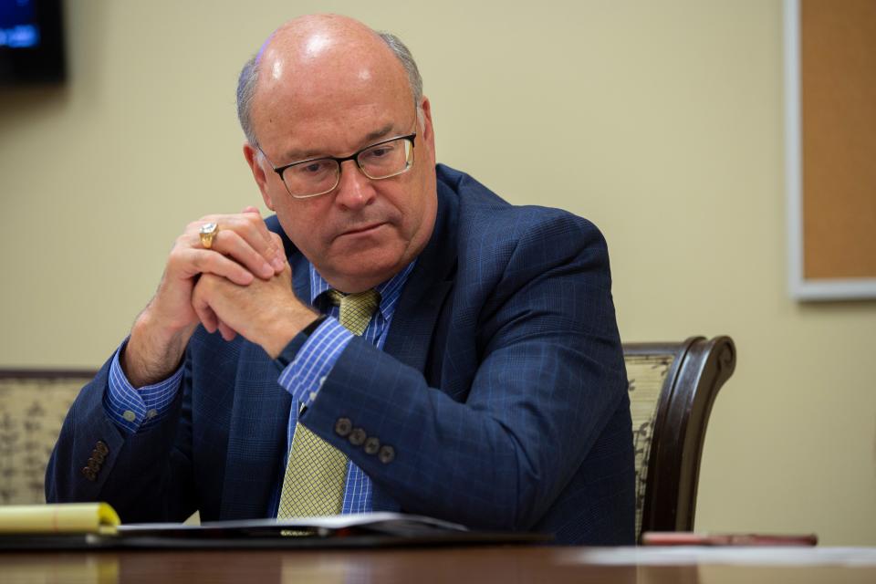 Columbia City Manager Tony Massey attends a meeting regarding affordable housing at City Hall in Columbia, Tenn., on Tuesday, Aug. 17, 2021. 