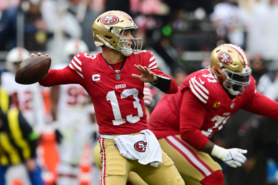 Oct 15, 2023; Cleveland, Ohio, USA; San Francisco 49ers quarterback <a class="link " href="https://sports.yahoo.com/nfl/players/34218" data-i13n="sec:content-canvas;subsec:anchor_text;elm:context_link" data-ylk="slk:Brock Purdy;sec:content-canvas;subsec:anchor_text;elm:context_link;itc:0">Brock Purdy</a> (13) throws a pass during the first half against the <a class="link " href="https://sports.yahoo.com/nfl/teams/cleveland/" data-i13n="sec:content-canvas;subsec:anchor_text;elm:context_link" data-ylk="slk:Cleveland Browns;sec:content-canvas;subsec:anchor_text;elm:context_link;itc:0">Cleveland Browns</a> at Cleveland Browns Stadium. Mandatory Credit: Ken Blaze-USA TODAY Sports