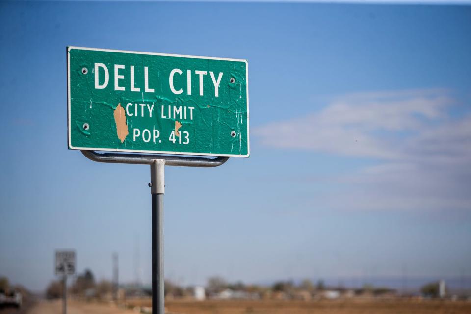 Dell City is an agricultural town that has an abundance of underground water. This agricultural area cultivates cotton, alfalfa, grapes and other products near the Guadalupe Mountain National Park. March 29, 2022.