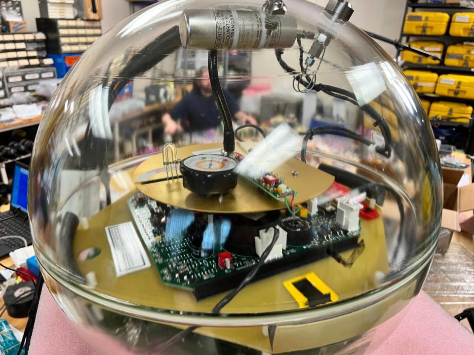 Inside view of a Current and Pressure Inverted Echo Sounder, one of the sensors Beal and her team will use to monitor the Florida Current.