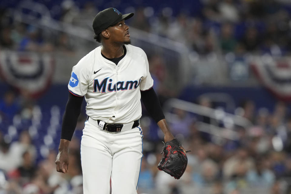 Miami Marlins relief pitcher George Soriano follows a home run by Los Angeles Angels' Nolan Schanuel during the sixth inning of a baseball game, Monday, April 1, 2024, in Miami. (AP Photo/Marta Lavandier)