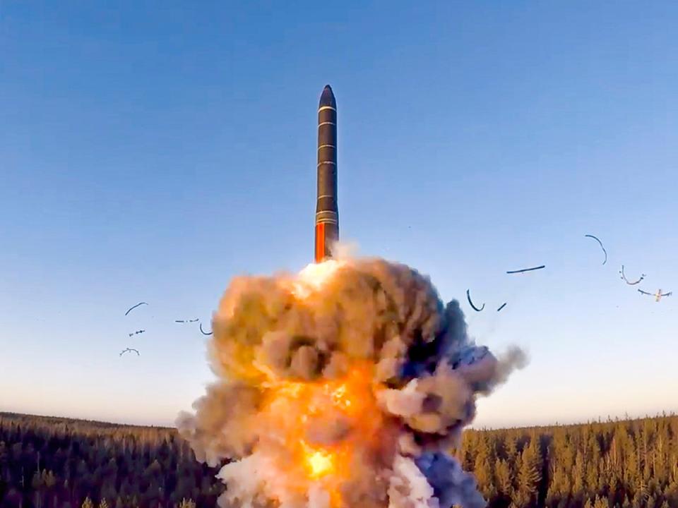 FILE - In this file photo taken from a video distributed by Russian Defense Ministry Press Service, on Dec. 9, 2020, a rocket launches from missile system as part of a ground-based intercontinental ballistic missile test launched from the Plesetsk facility in northwestern Russia (AP)