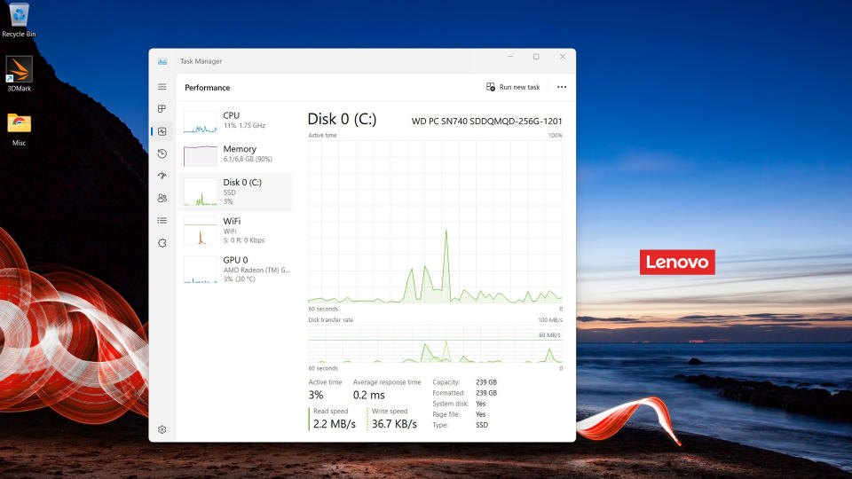 Task Manager showing the SSD space on the Lenovo ThinkPad E16 Gen 1.