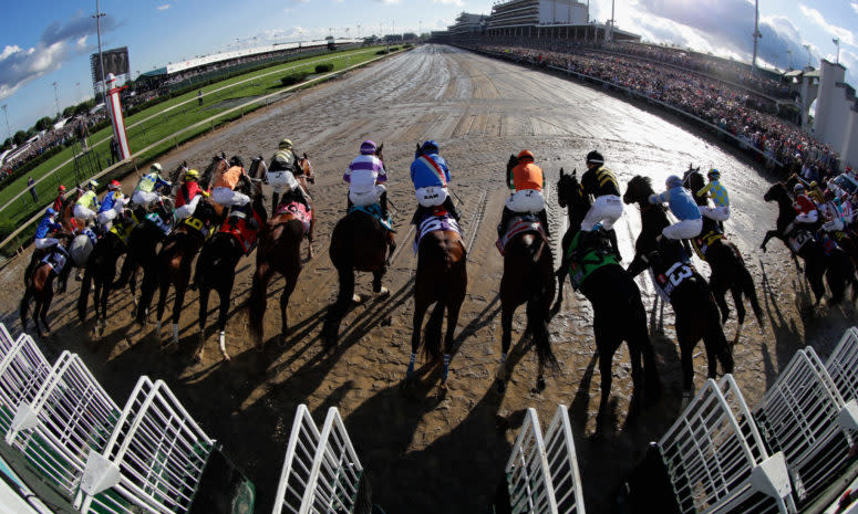 View of the horses running at the Kentucky Derby.