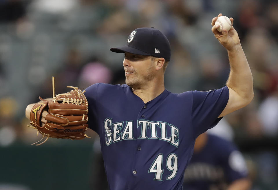 Seattle Mariners pitcher Wade LeBlanc works against the Oakland Athletics in the third inning of a baseball game Saturday, June 15, 2019, in Oakland, Calif. (AP Photo/Ben Margot)
