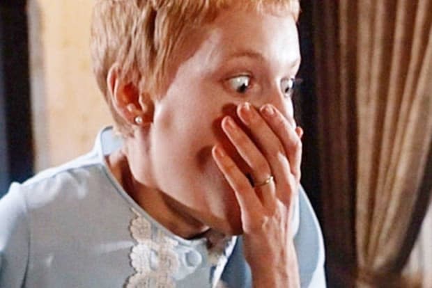 Mia Farrow as a horrified Rosemary Woodhouse in "Rosemary's Baby" (1968)<p>William Castle Productions</p>