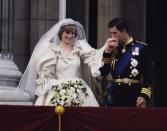 <p>The Prince and Princess of Wales on the balcony of Buckingham Palace on their wedding day.</p>