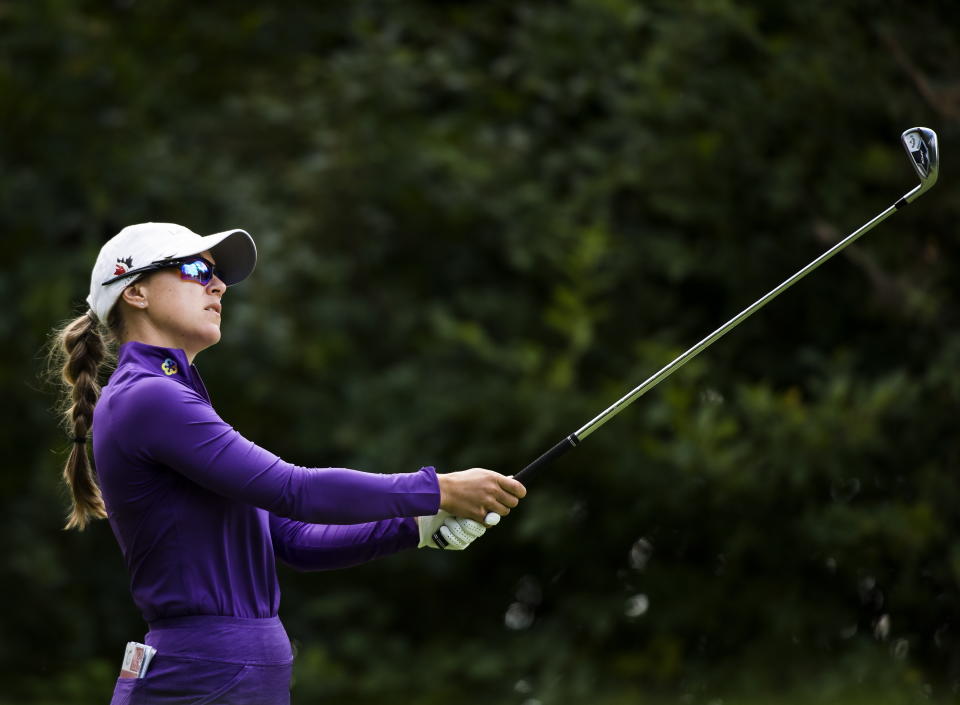 Canada's Anne-Catherine Tanguay watches her tee shot on the 17th hole during the first round of the CP Women's Open golf tournament in Aurora, Ontario, Thursday, Aug. 22, 2019. (Nathan Denette/The Canadian Press via AP)