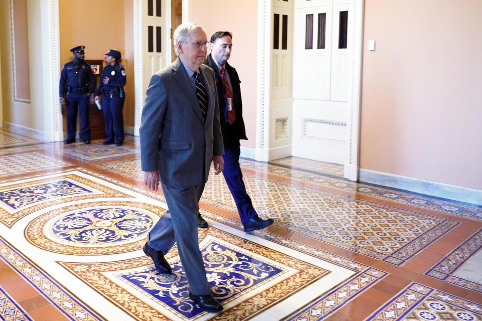 U.S. Senate Majority Leader McConnell walks to his office at the U.S. Capitol in Washington