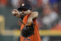 Houston Astros starting pitcher Jose Urquidy throws during the first inning in Game 2 of baseball's World Series between the Houston Astros and the Atlanta Braves Wednesday, Oct. 27, 2021, in Houston. (AP Photo/Eric Gay)