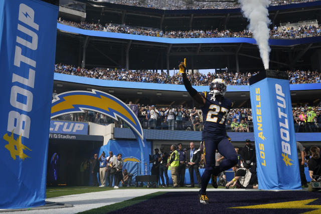 Los Angeles Chargers cornerback J.C. Jackson (27) takes his stance during  an NFL football game against the Seattle Seahawks, Sunday, Oct. 23, 2022,  in Inglewood, Calif. (AP Photo/Kyusung Gong Stock Photo - Alamy