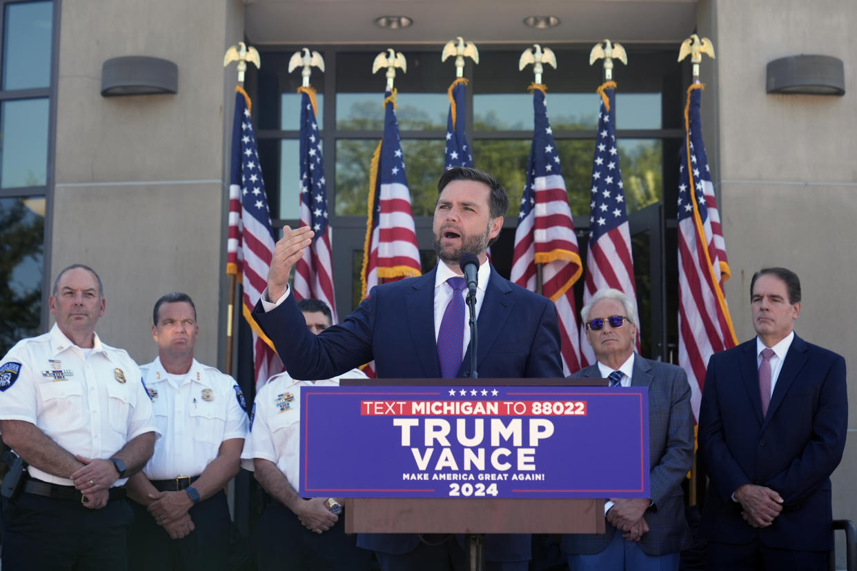 Republican vice presidential nominee Sen. JD Vance, R-Ohio, speaks at a campaign event at Shelby Township Police Department, Wednesday, Aug. 7, 2024, in Shelby Township, Mich. (AP Photo/Alex Brandon)