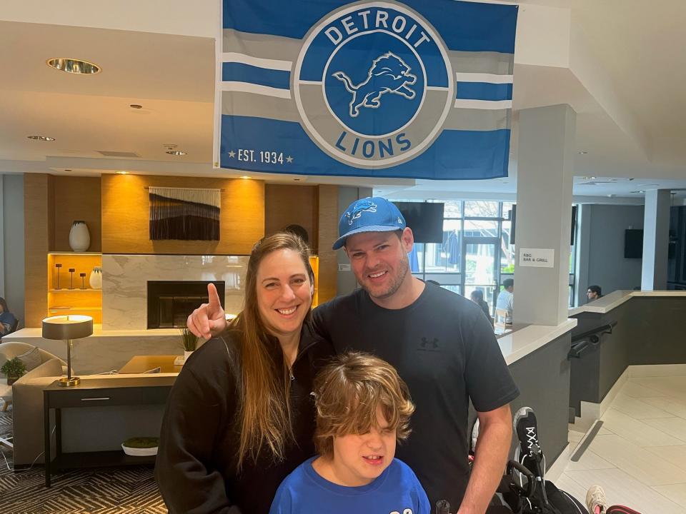 Harry Owsley V and his parents, Harry Owsley IV and Miranda Owsley, flew to California from Chelsea, MIchigan, for the game. Harry, 10, and blind from birth, listens to Dan Miller on the radio for every Lions game. "I cannot wait!" Harry said, when asked if he's excited for the game.