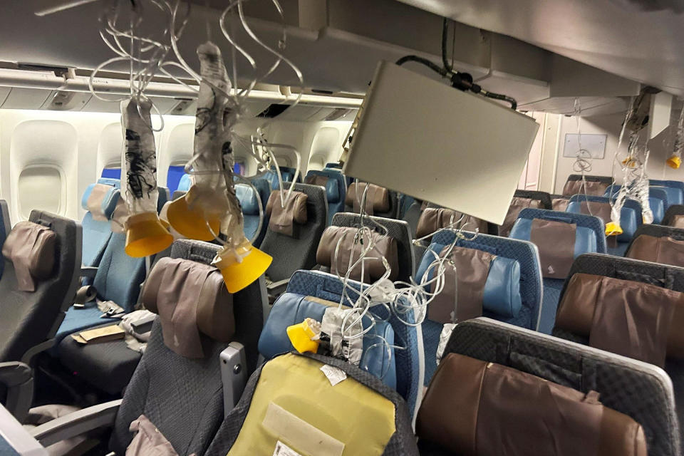 The interior of Singapore Airline Flight SG321 is pictured after an emergency landing at Bangkok's Suvarnabhumi International Airport (Reuters)