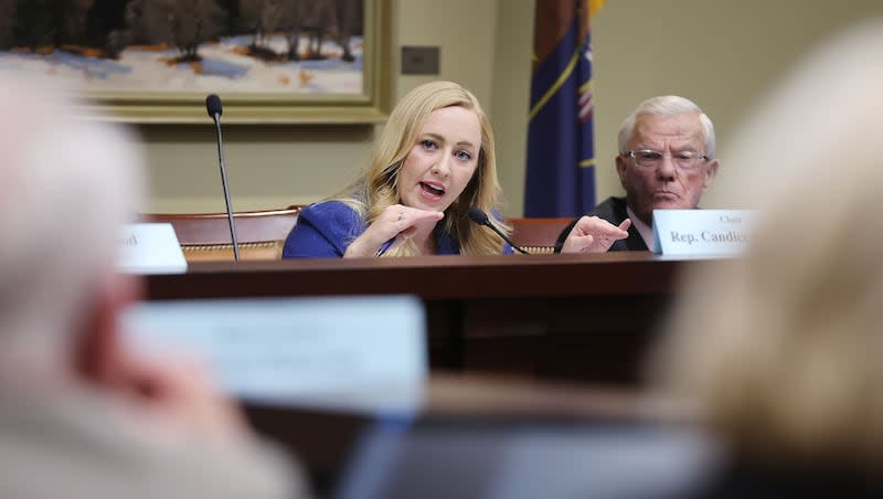 Rep. Candice Pierucci, R- Herriman, speaks about her bill during a House Education Committee hearing on HB215 at the Capitol in Salt Lake City on Thursday, Jan. 19, 2023. The bill would create the Utah Fits All Scholarships, which would link a teacher salary increase to a “school choice” program.