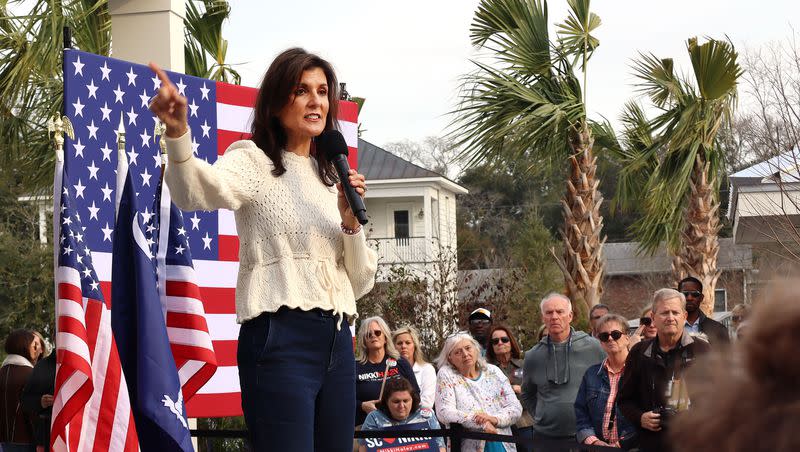 Nikki Haley, a Republican presidential campaign, appears at a rally at the George Hotel in Georgetown, S.C., on Thursday, Feb. 22, 2024.