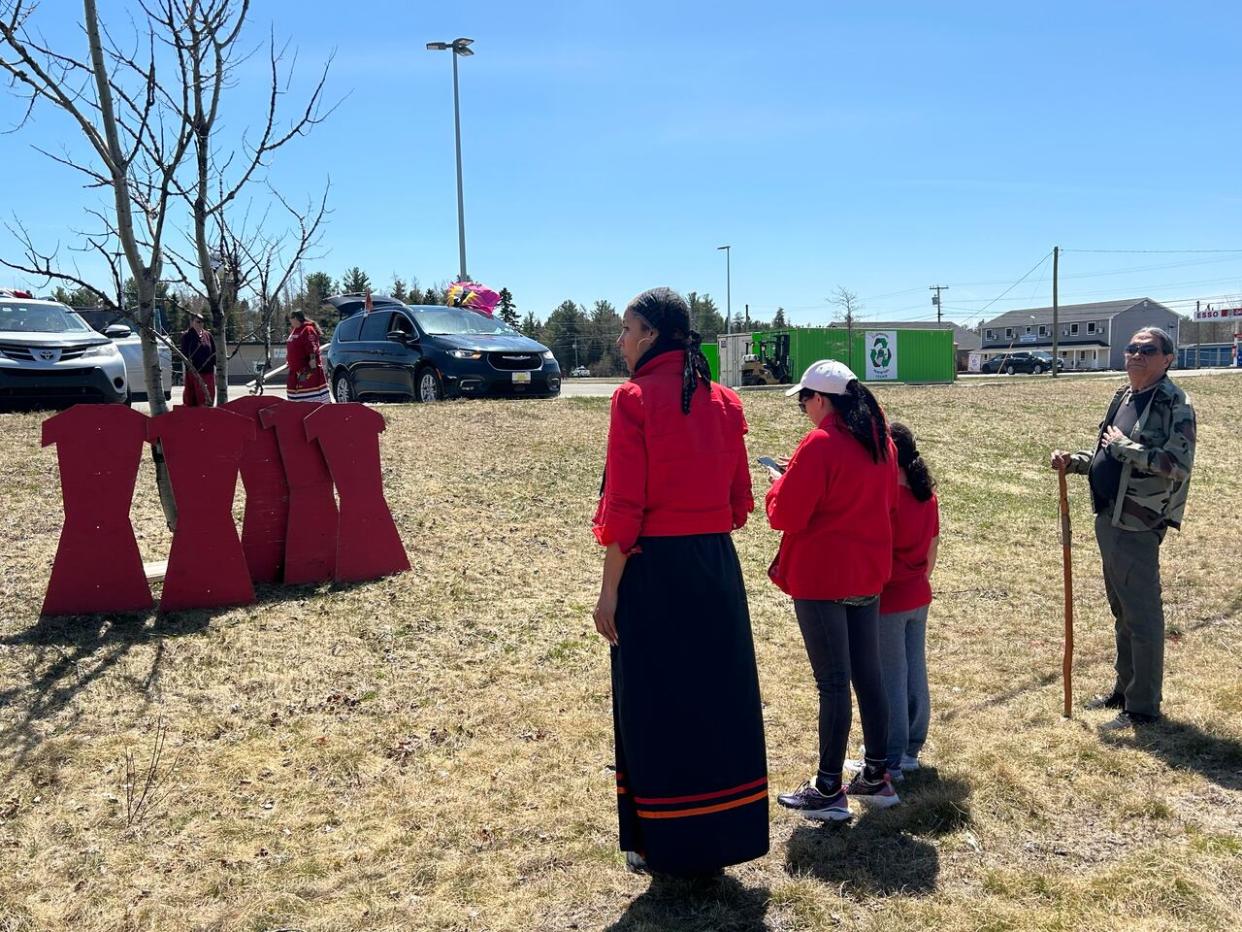 Members of Elsipogtog First Nation set up cutout wooden dresses that people would be able to see from the highway. (Rhythm Rathi/CBC - image credit)