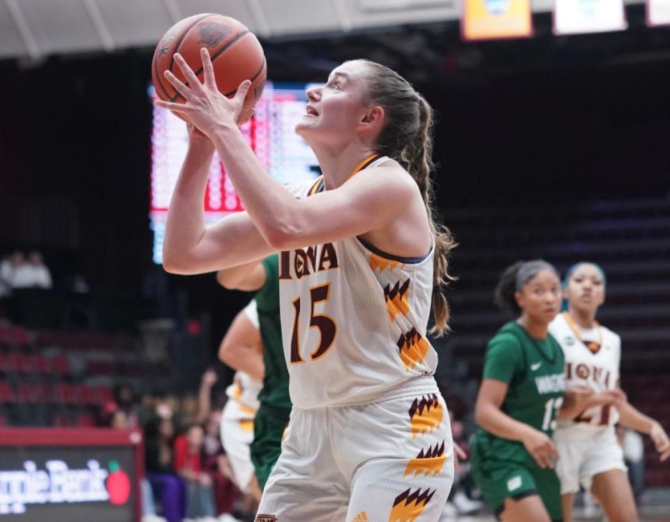 Albertus Magnus alum Kate Mager, shown shooting during a game in October, helped Iona University's women's basketball team set two NCAA women's Division I 3-point records January 19, 2023 in a win over Rider. Mager is one of the country's top 3-point shooters.