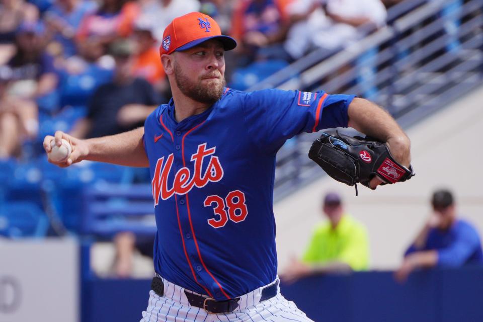 Mar 5, 2024; Port St. Lucie, Florida, USA; New York Mets starting pitcher Tylor Megill (38) pitches against the New York Yankees in the first inning at Clover Park. Mandatory Credit: Jim Rassol-USA TODAY Sports