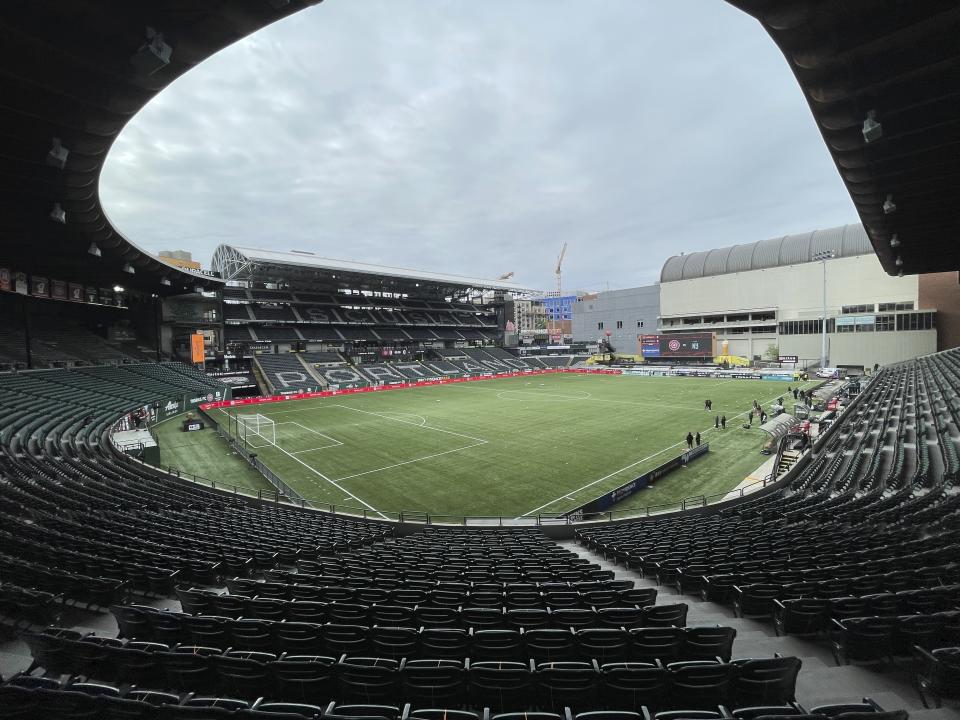 The Portland Thorns take on NJ/NY Gotham FC in the NWSL Challenge Cup soccer final against NJ/NY Gotham FC at Providence Park, Saturday, May 8, 2021, in Portland, Ore. (Serena Morones/The Oregonian via AP)