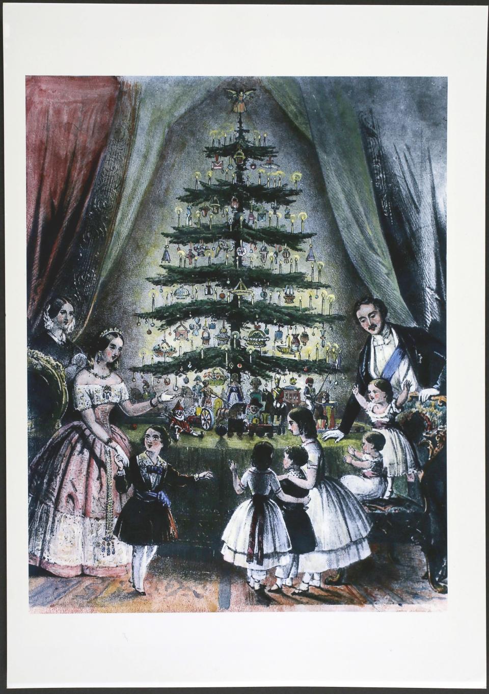 The Royal Christmas tree is admired by Queen Victoria, Prince Albert and their children.