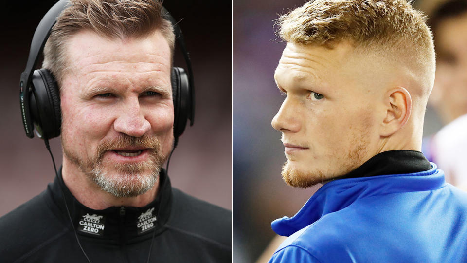 Pictured left is former Collingwood coach Nathan Buckley and AFL star Adam Treloar on the right.