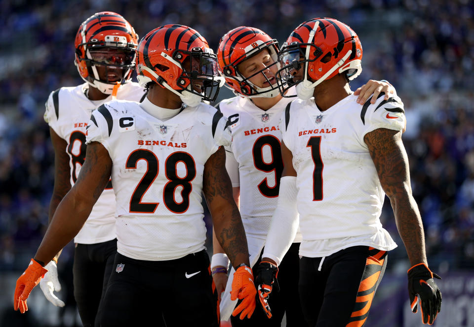 Joe Burrow (9), Ja'Marr Chase (1), Joe Mixon (28) and the Bengals are off to a great start, which nobody expected. (Photo by Rob Carr/Getty Images)