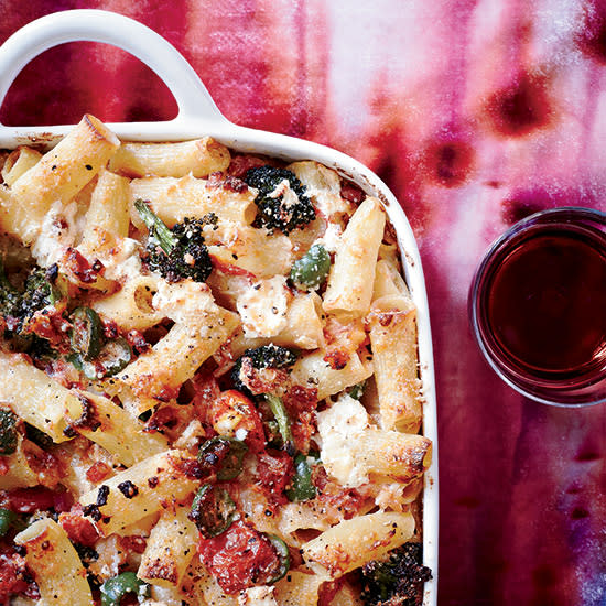 Baked Rigatoni with Broccoli, Green Olives and Pancetta
