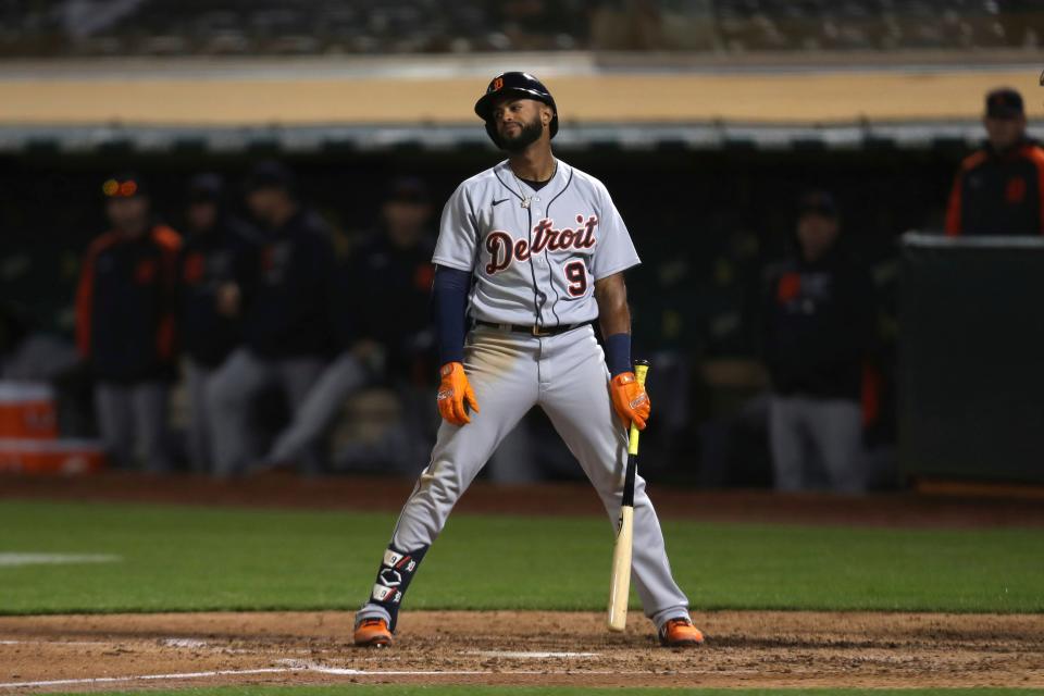 Detroit Tigers' Willi Castro reacts after striking out during the sixth inning in Oakland, Calif., on Friday, April 16, 2021.