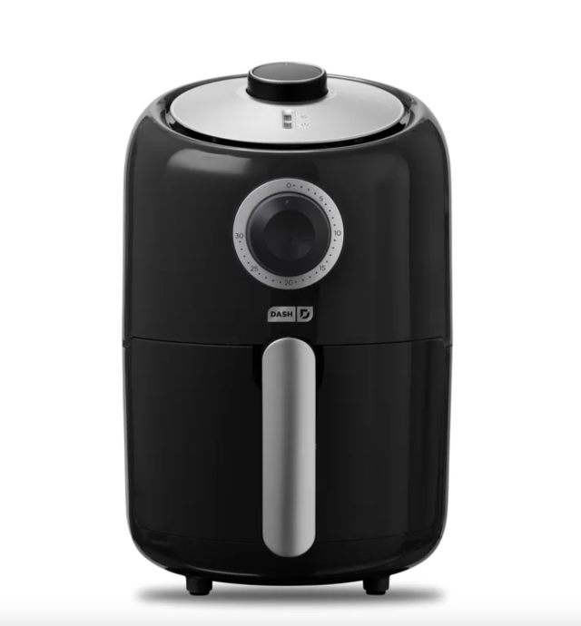 DASH 1.2 Litre Compact Air Fryer in Black with silver handle and silver top (Photo via Wayfair)