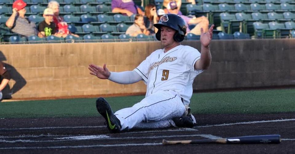 Dan Holst slides and scores the second run for the Gateway Grizzlies during a game in 2017. The Grizzlies are set to open the 2023 season against the Florence Y’alls out of Florence, Kentucky. BND file photo