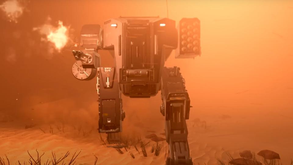 A mech advances forward in Helldivers 2