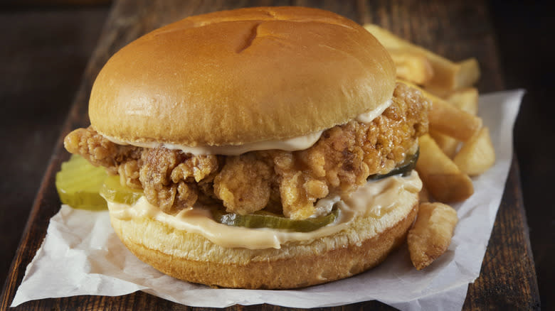 fried chicken sandwich on bun