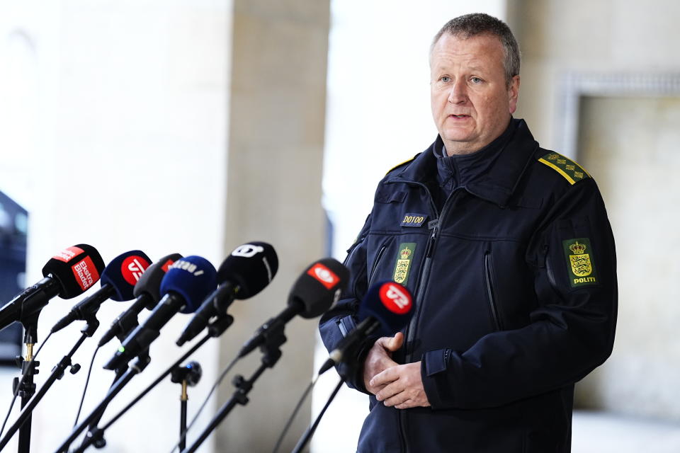 Senior police inspector and head of emergency services in Copenhagen Police Peter Dahl gives a joint press briefing with Chief police inspector and operational chief of PET Flemming Drejer, not pictured, on coordinated police action, at the police station in Copenhagen, Denmark, Thursday Dec. 14, 2023. PET and a number of the country's police circles have early Thursday morning made arrests in a coordinated action several places in Denmark. The operation was carried out on the basis of suspicion of preparation for a terrorist attack. (Martin Sylvest/Ritzau Scanpix via AP)