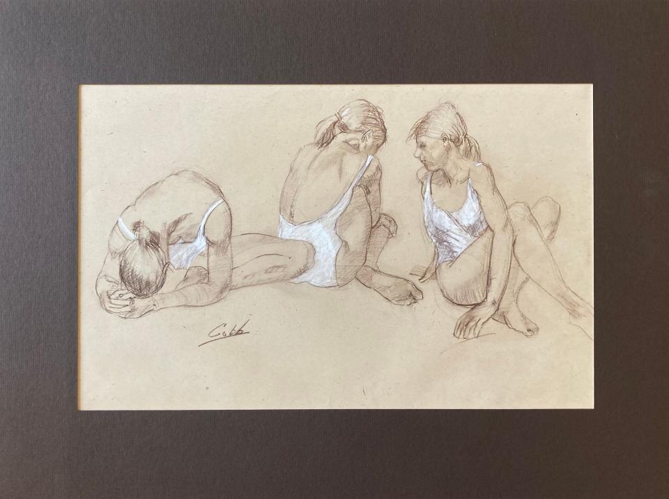 Handled with a delicate touch are James Cobb's drawings of female models, striking gestural but unforced poses, done in conte on paper with chalk highlights.