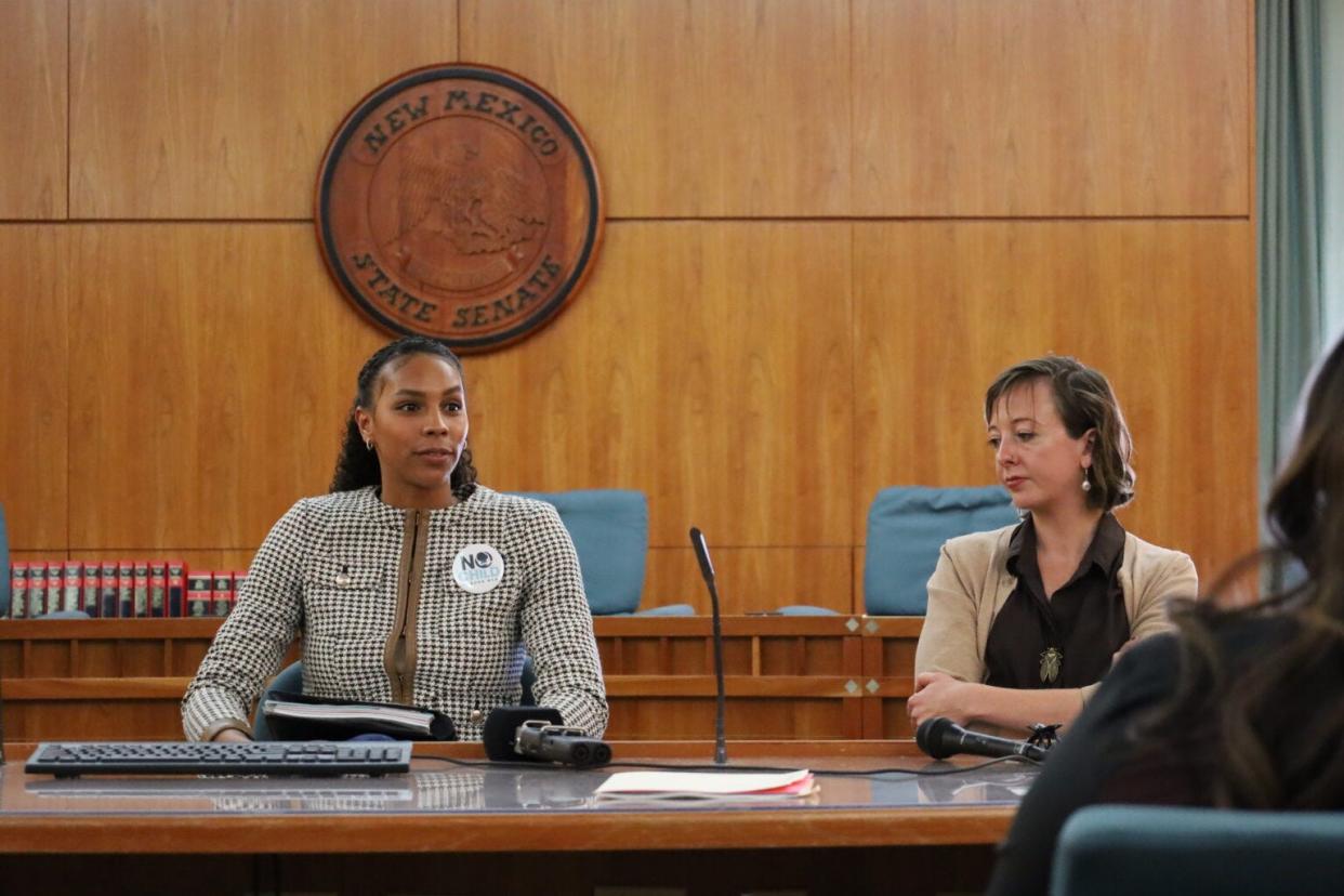 “I’m here because I want you to know that this is the chance to give people a chance to meaningfully contribute to their society,” said Carissa McGee (left), a formerly incarcerated person from Albuquerque and supporter of Senate Bill 64. “And I promise you that these individuals want it more than any other person that I’ve ever come across.” Denali Wilson (right) is an attorney for the ACLU of New Mexico and an organizer with the New Mexico Coalition for the Fair Sentencing of Youth.