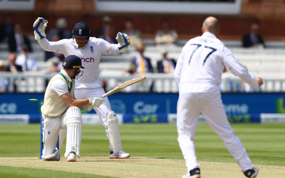 Jack Leach dismisses Lorcan Tucker for first wicket of the day - Michael Steele/Getty Images Europe