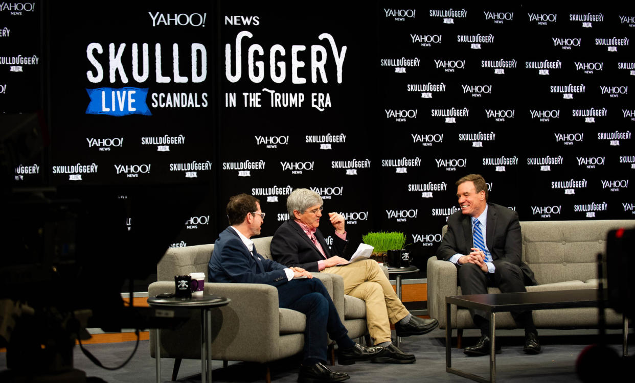 Sen. Mark Warner, D-Va., right, talks with Yahoo News Editor in Chief Dan Klaidman, left, and Chief Investigative Correspondent Michael Isikoff during a live taping of Yahoo’s “Skullduggery” podcast at the Newseum in Washington, D.C., on Friday. (Photo: Brian Virgo/Oath)