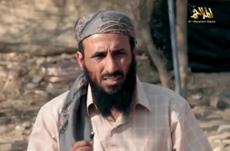 An image grab from a video released on March 29, 2014 by Al-Malahem Media, the media arm of AQAP, shows AQAP chief Nassir al-Wuhayshi at an undisclosed location in Yemen