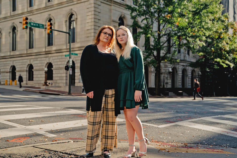 Becky Pepper-Jackson and her mother, Heather Jackson after a hearing at the U.S. Court of Appeals for the Fourth Circuit in Richmond, Va., on Oct. 27, 2023.  (Shuran Huang for NBC News)