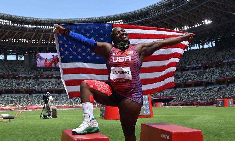 Raven Saunders celebrates after her silver medal on Sunday