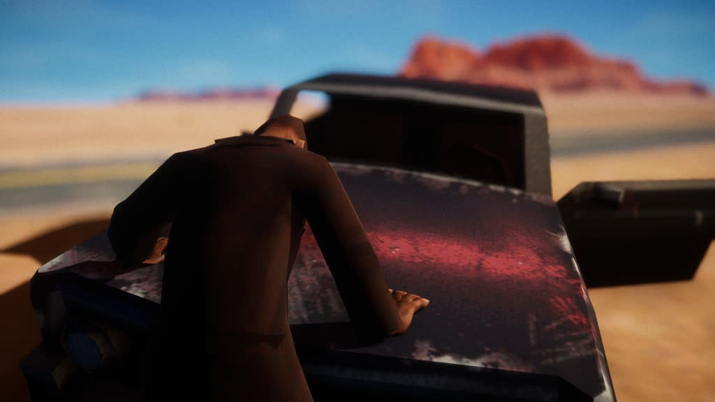  Character leaning on car in the desert. 