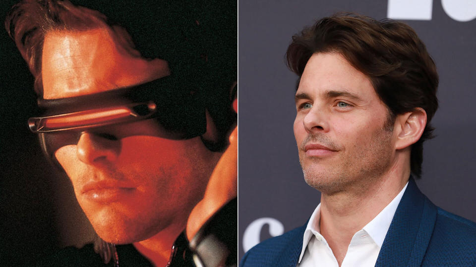 James Marsden - Cyclops - in <i>X-Men</i> and (R) at the 2019 MOCA benefit at the Geffen Contemporary, 2019.
