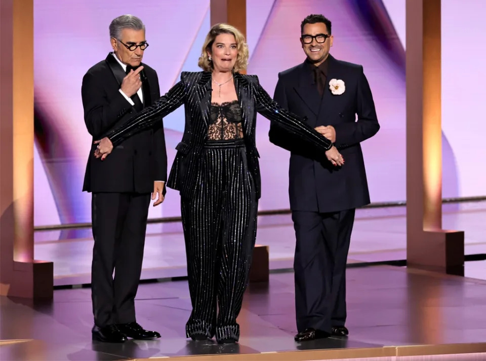 <p>Eugene Levy, Annie Murphy and Dan Levy</p>