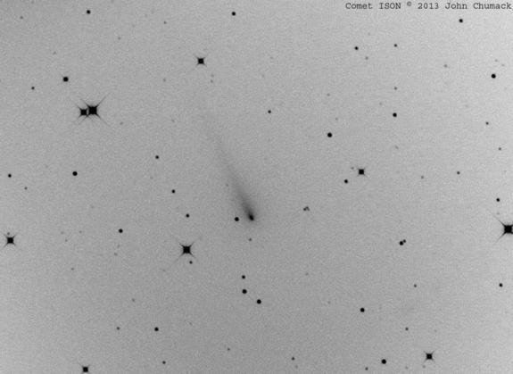 John Chumack sent SPACE.com this photo negative of comet ISON taken on the morning of Oct. 9 from his dark-sky site at John Bryan State Park in Yellow Springs, Ohio. “I will be imaging the comet every clear night I get through Perihelion Passag