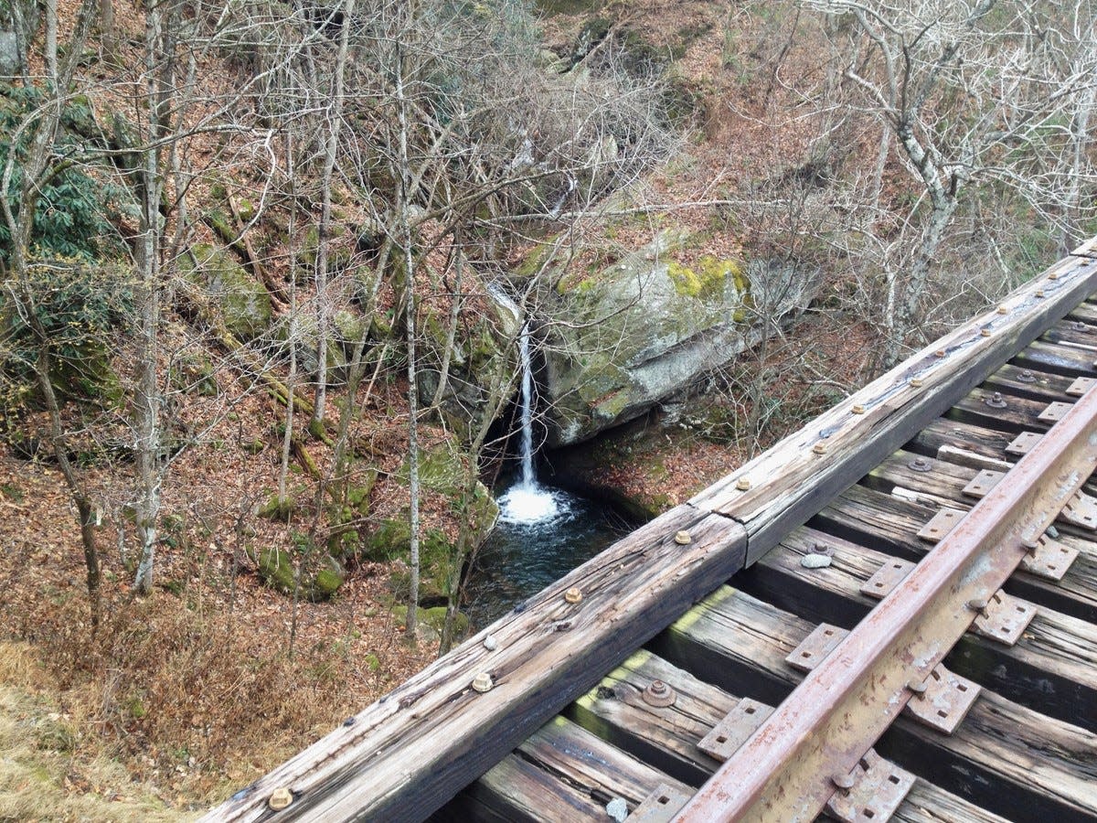 A portion of the Saluda Grade Trail route near a waterfall in Saluda, N.C.