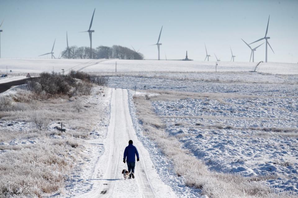 People enjoying a walk through Whitelee Windfarm in North Ayrshire, Scotland (EPA)