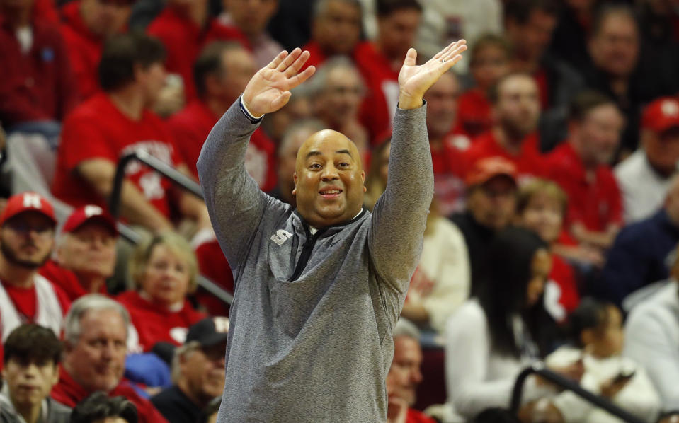 Penn State head coach Micah Shrewsberry coaches against Rutgers during the first half of an NCAA college basketball game in Piscataway, N.J. Tuesday, Jan. 24, 2023. (AP Photo/Noah K. Murray)